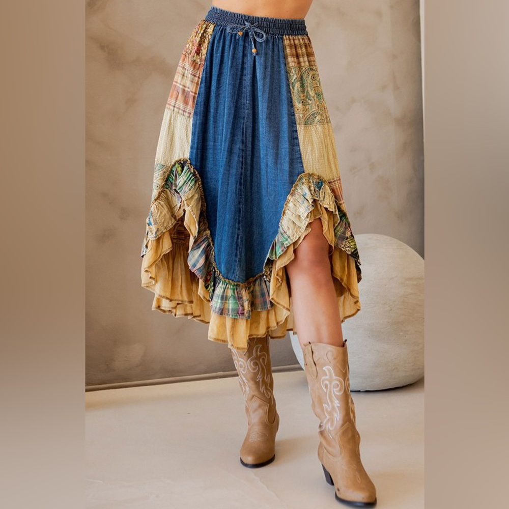 #320 New! Gorgeous Boho Western denim Pattern ruffle Midi Skirt